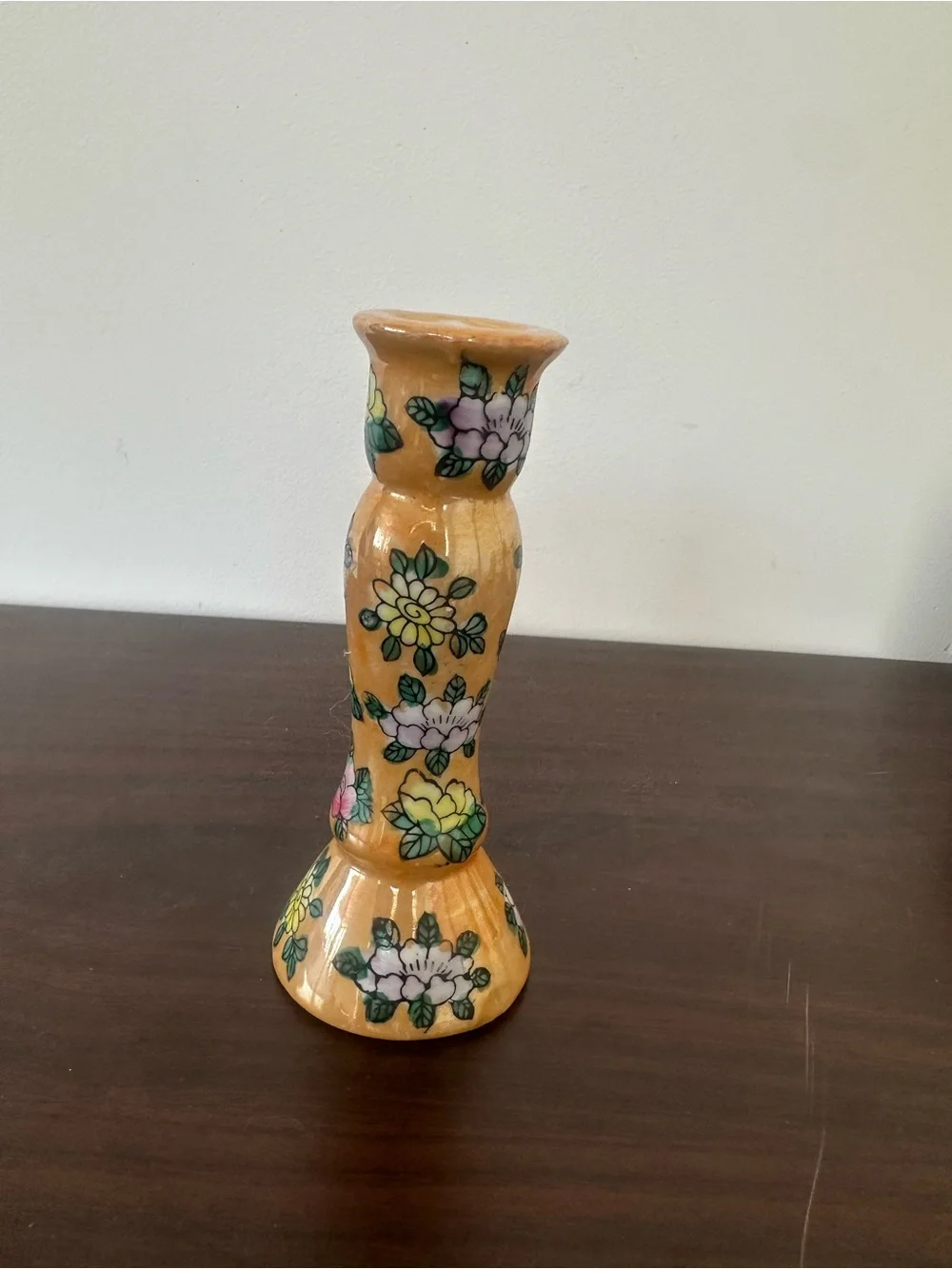 Hand-Painted Lusterware Floral Ceramic Candle Holder